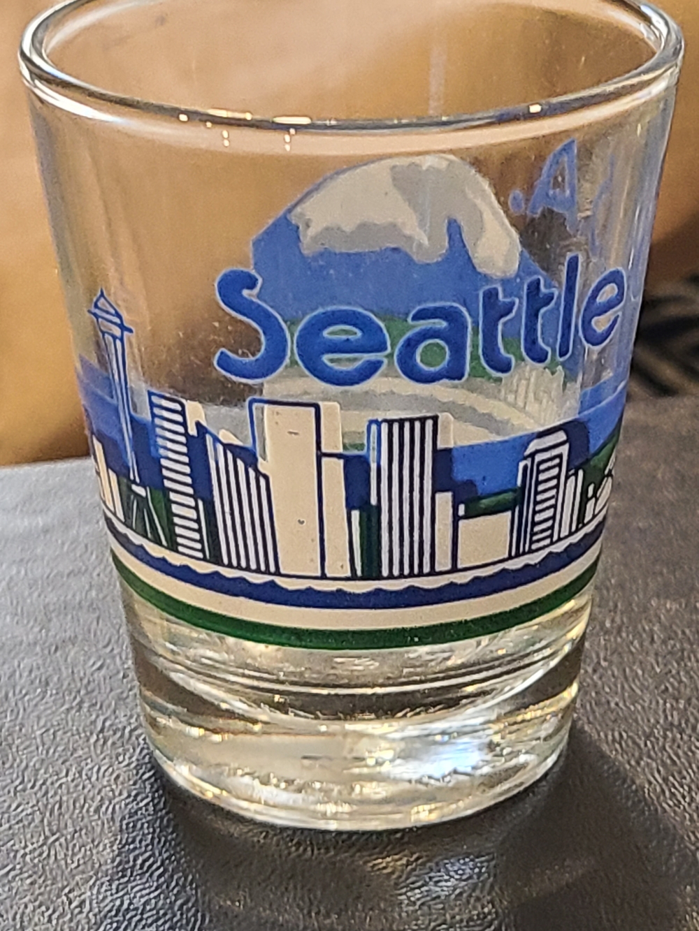 Vintage Seattle Skyline Shot Glass with Blue and Green Accents